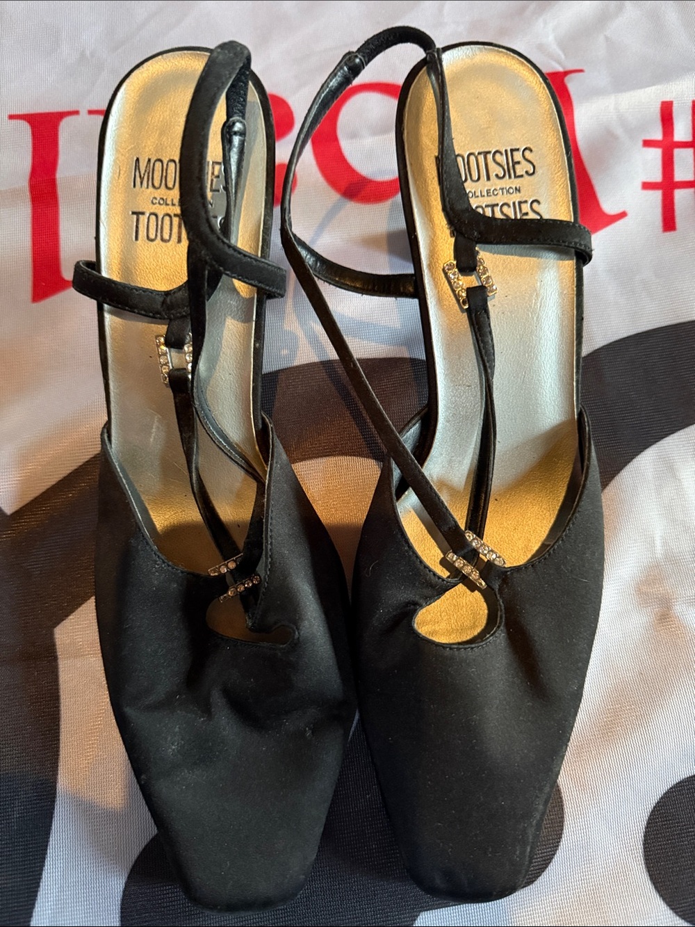 Dots Black Slingback Heels with Rhinestone Straps